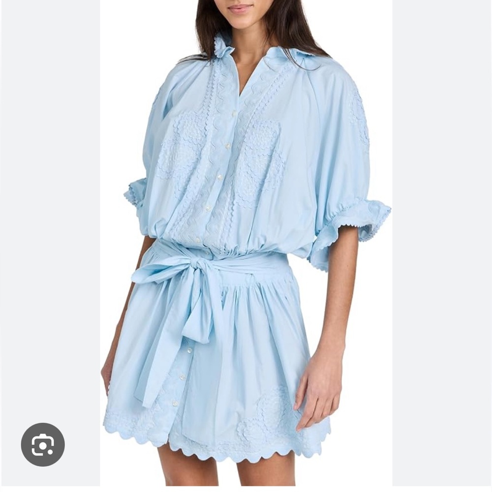 Juliet Dunn Light Blue Embroidered Tie-Waist Cotton Dress Robe